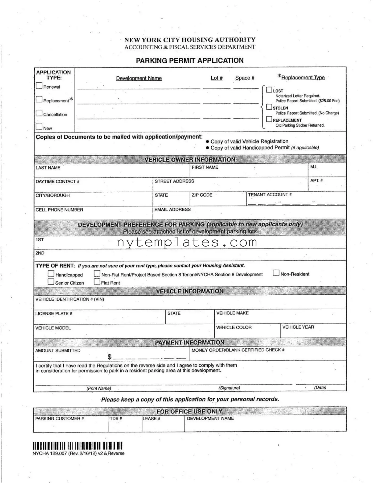 Fillable Nycha Parking Permit Form in PDF