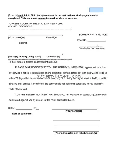 Fillable New York Court Summons Form in PDF