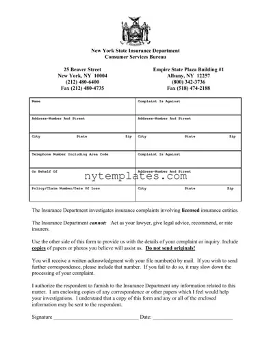 Fillable New York Dept Insurance Form in PDF