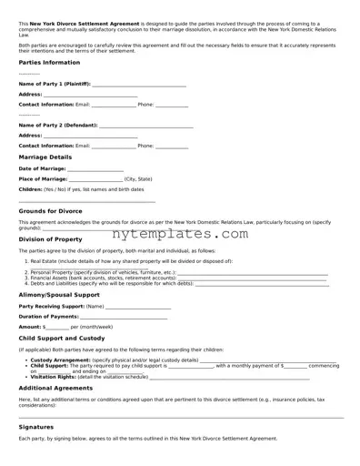 New York Divorce Settlement Agreement Form