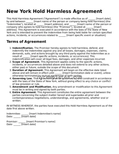 New York Hold Harmless Agreement Form