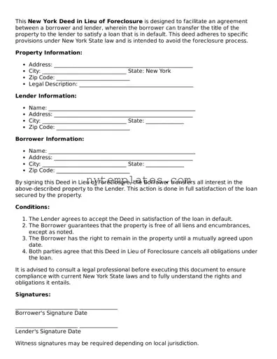 New York Deed in Lieu of Foreclosure Form