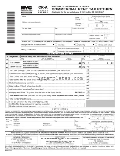 Fillable Nyc Commercial Rents Tax Return Form in PDF