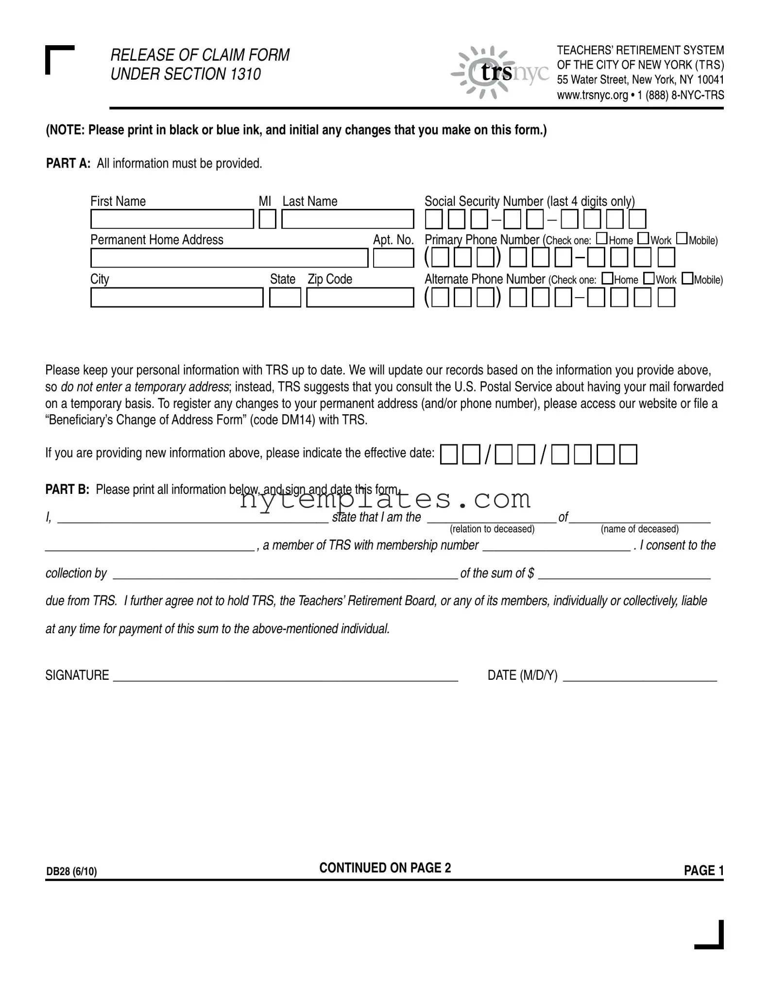 Fillable Trsnyc Db28 Form in PDF