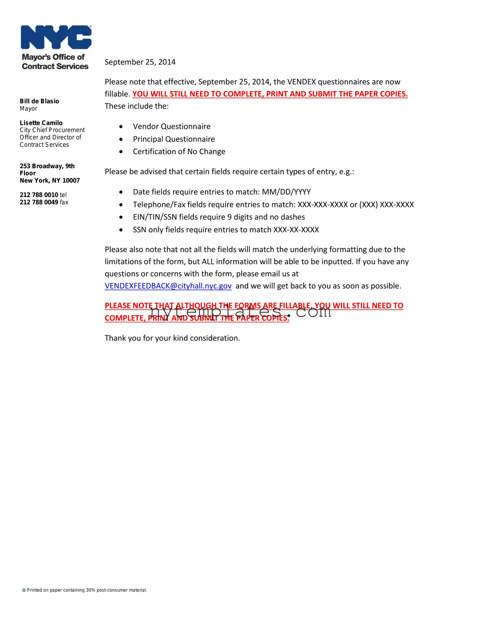 Fillable Vendex Nyc Form in PDF